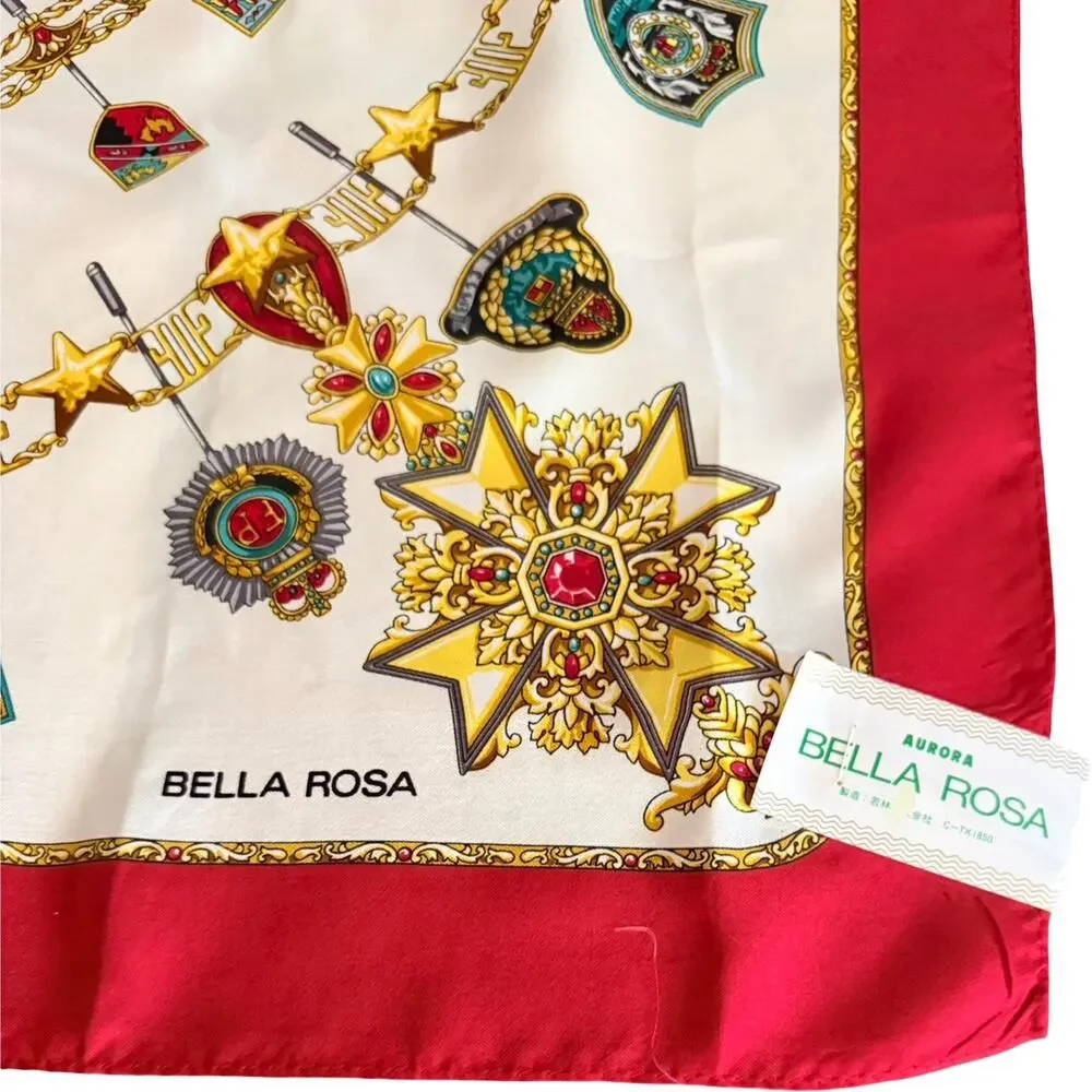 Vintage 1980s Bella Rosa Silk Scarf  Ivory Gold Medal Crest 35” Baroque Heraldic